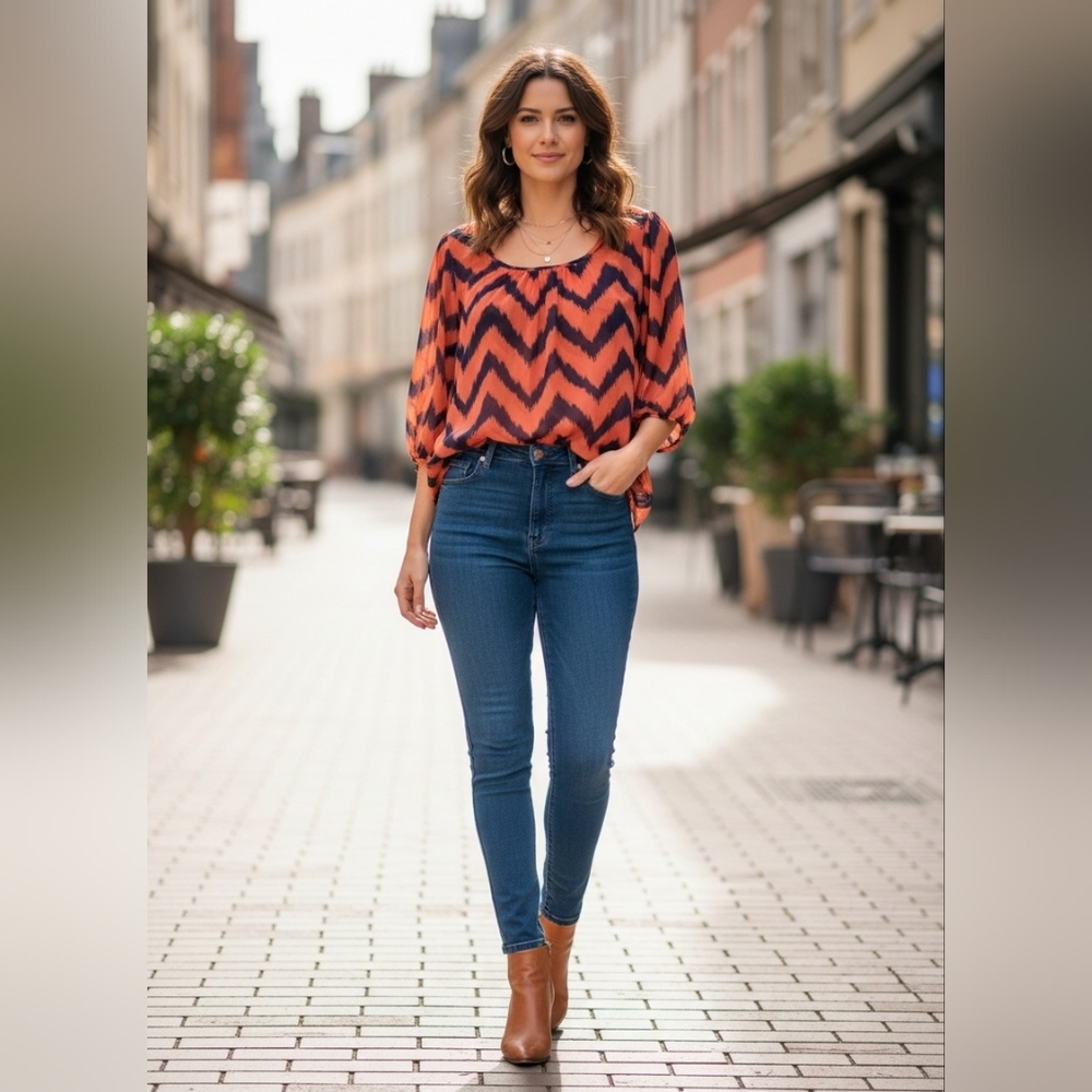 Orange Navy Blue Loose Fit Sheer Blouse Shortsleeve Puffy Sleeve Top Size 3X